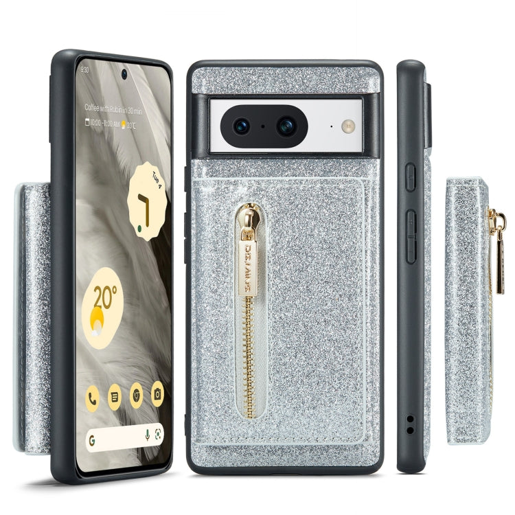 For Google Pixel 8 DG.MING M3 Series Glitter Powder Card Bag Leather Case(Silver) by DG.MING