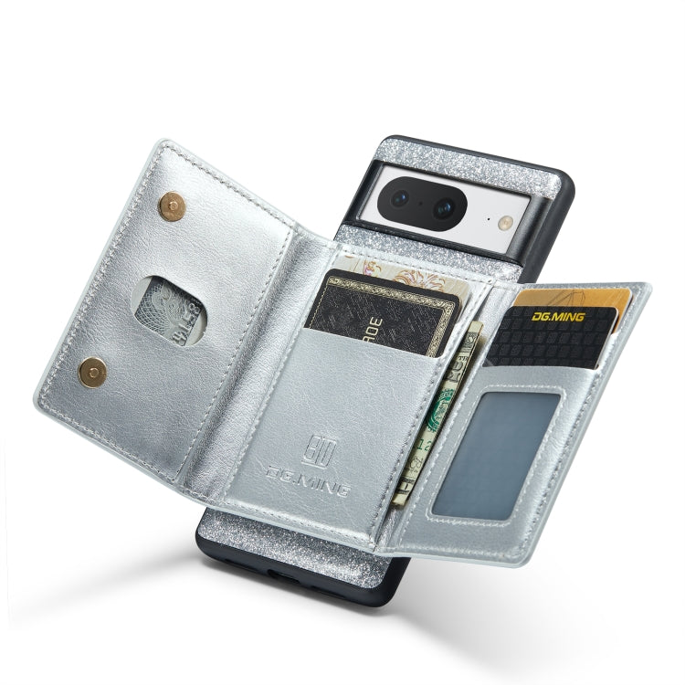 For Google Pixel 8 DG.MING M3 Series Glitter Powder Card Bag Leather Case(Silver) by DG.MING