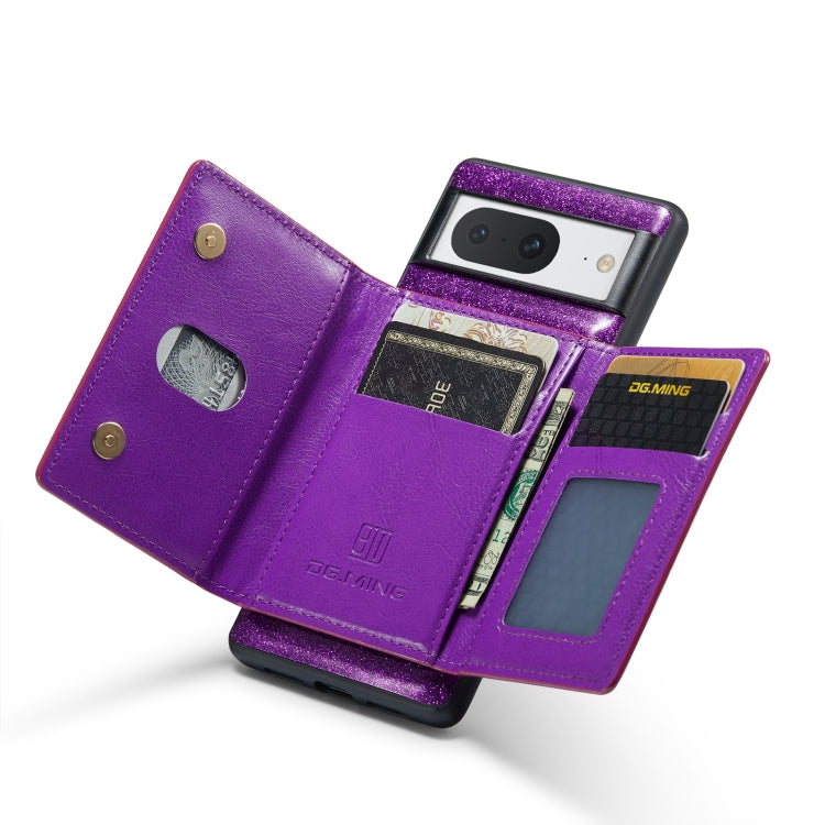 For Google Pixel 8 DG.MING M3 Series Glitter Powder Card Bag Leather Case(Dark Purple) by DG.MING
