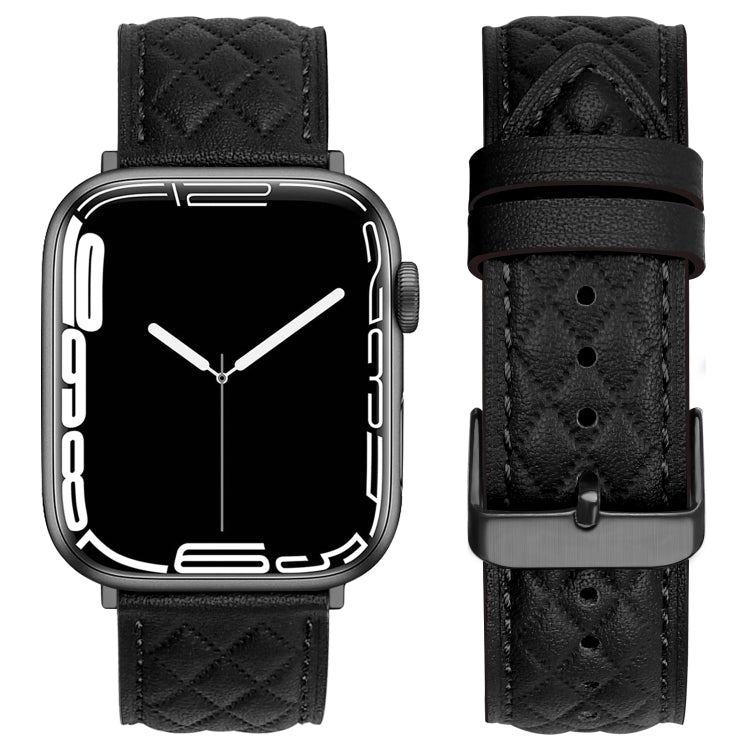 Rhombus Pattern Genuine Leather Watch Band For Apple Watch Series 9&8&7 41mm / SE 3&SE 2&6&SE&5&4 40mm / 3&2&1 38mm(Black) by bashfashion