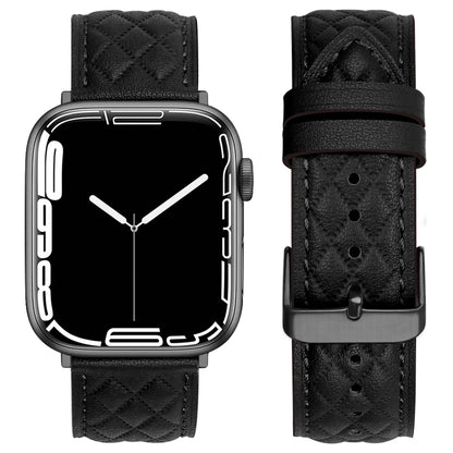 Rhombus Pattern Genuine Leather Watch Band For Apple Watch Series 9&8&7 41mm / SE 3&SE 2&6&SE&5&4 40mm / 3&2&1 38mm(Black) by bashfashion
