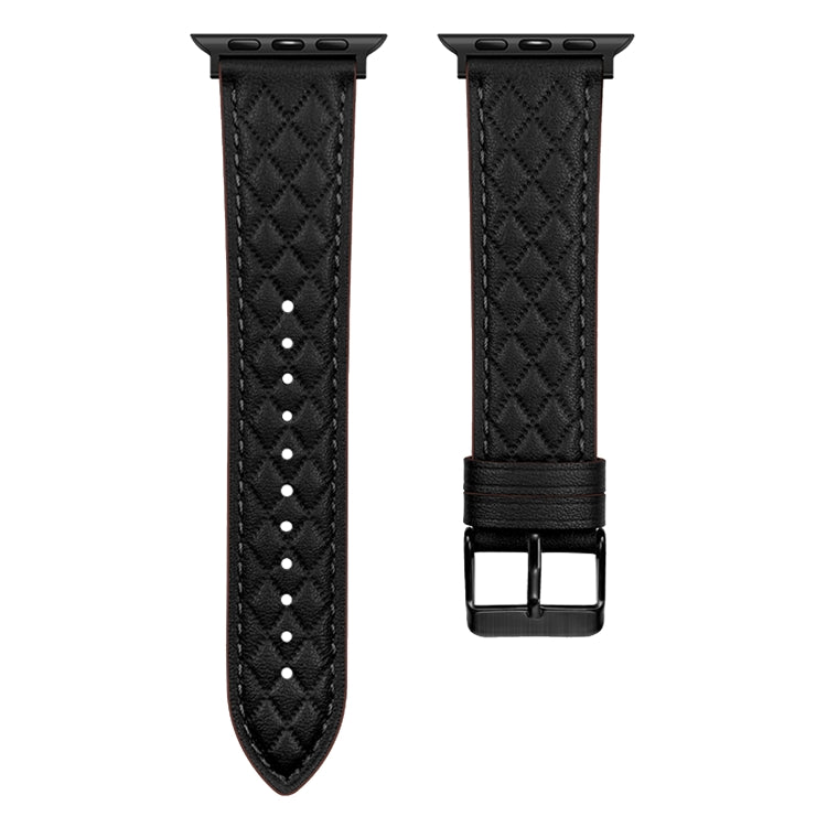 Rhombus Pattern Genuine Leather Watch Band For Apple Watch Series 9&8&7 41mm / SE 3&SE 2&6&SE&5&4 40mm / 3&2&1 38mm(Black) by bashfashion