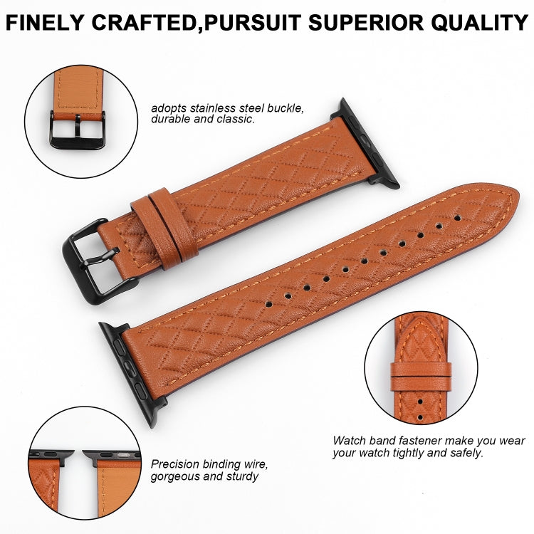 Rhombus Pattern Genuine Leather Watch Band For Apple Watch Series 9&8&7 41mm / SE 3&SE 2&6&SE&5&4 40mm / 3&2&1 38mm(Black) by bashfashion
