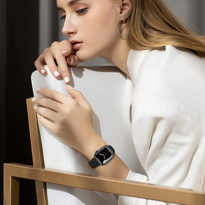 Rhombus Pattern Genuine Leather Watch Band For Apple Watch Series 9&8&7 41mm / SE 3&SE 2&6&SE&5&4 40mm / 3&2&1 38mm(Black) by bashfashion