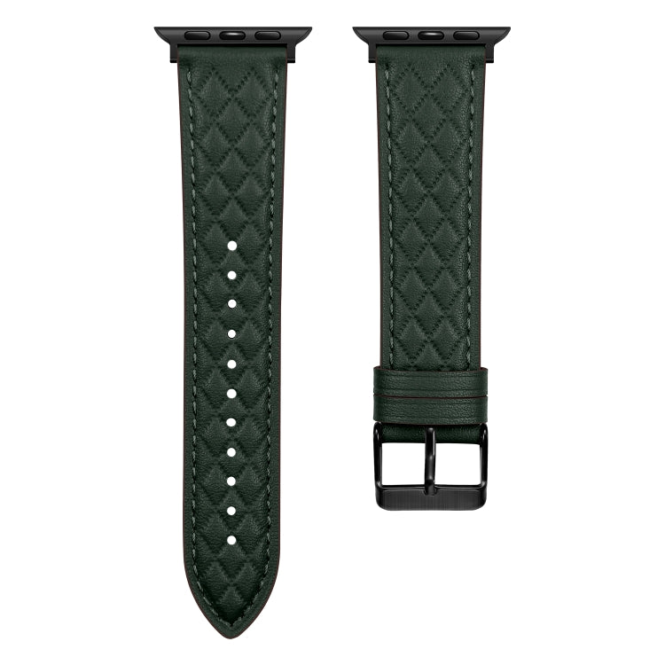 Rhombus Pattern Genuine Leather Watch Band For Apple Watch Series 8&7 45mm / SE 2&6&SE&5&4 44mm / 3&2&1 42mm(Green) by bashfashion