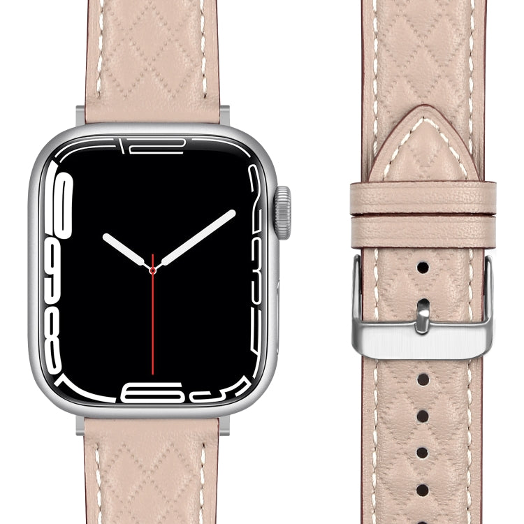 Rhombus Pattern Genuine Leather Watch Band For Apple Watch Series 8&7 45mm / SE 2&6&SE&5&4 44mm / 3&2&1 42mm(Starlight Color) by bashfashion