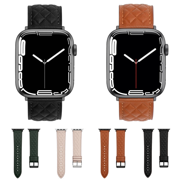 Rhombus Pattern Genuine Leather Watch Band For Apple Watch Series 8&7 45mm / SE 2&6&SE&5&4 44mm / 3&2&1 42mm(Green) by bashfashion