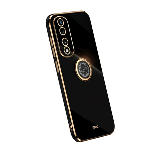 For Honor 80 Pro Flat XINLI Straight Edge 6D Electroplate TPU Phone Case with Ring Holder(Black) by XINLI