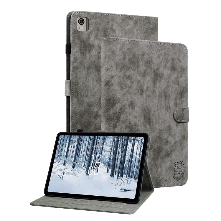 For Nokia T21 Tiger Pattern Flip Leather Tablet Case(Grey) by bashfashion