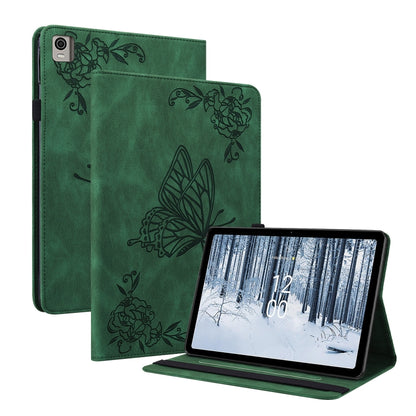 For Nokia T21 Butterfly Flower Embossed Leather Tablet Case(Green) by bashfashion
