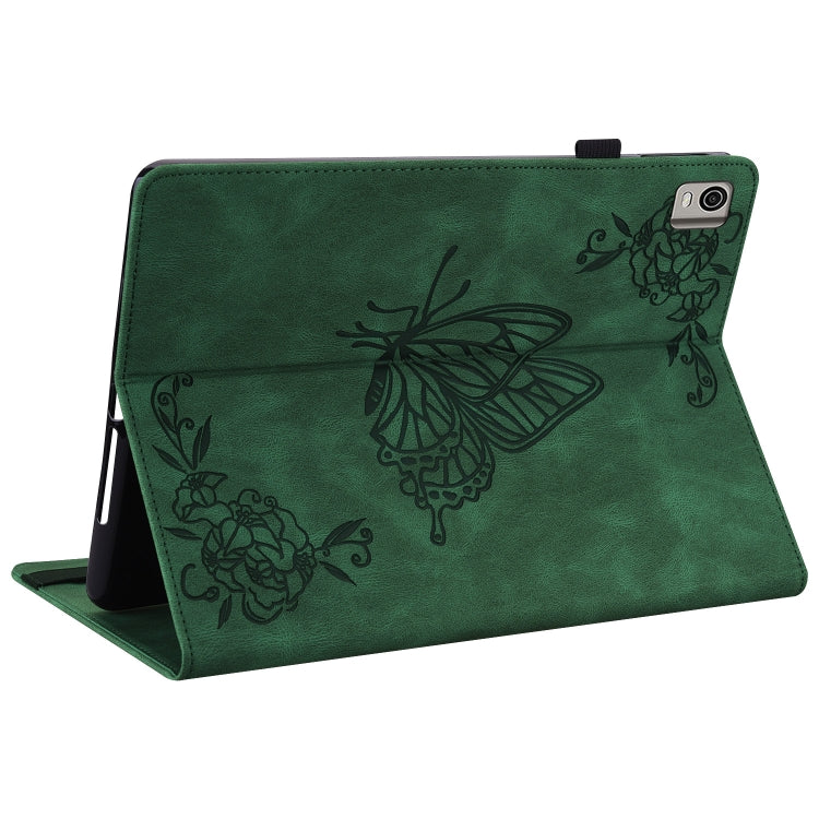 For Nokia T21 Butterfly Flower Embossed Leather Tablet Case(Green) by bashfashion