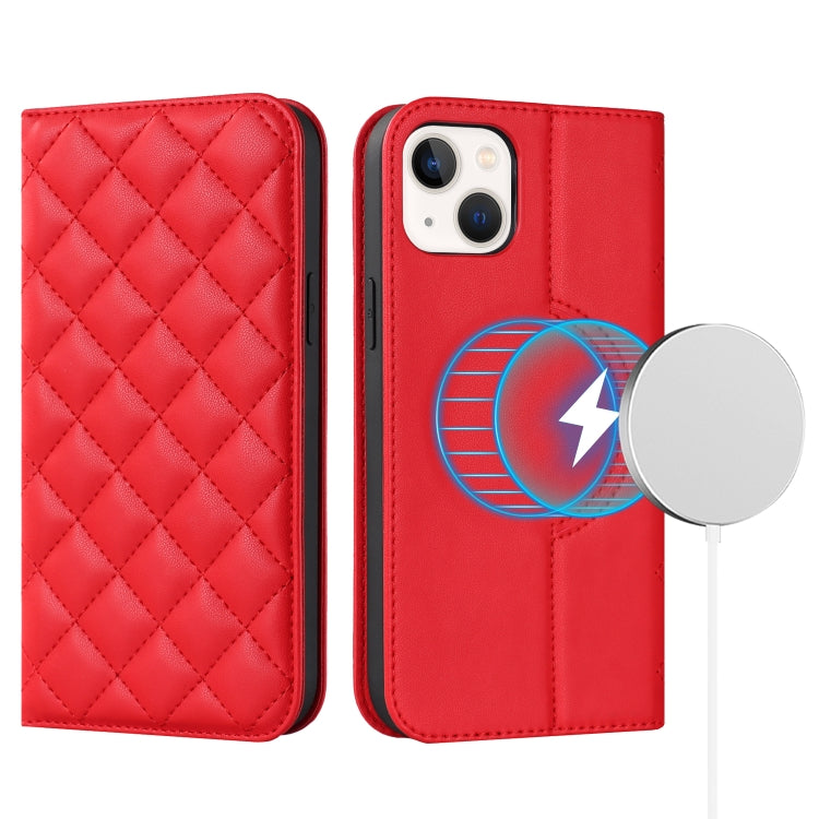 For iPhone 14 Rhombic MagSafe RFID Anti-Theft Wallet Leather Phone Case(Red) by bashfashion