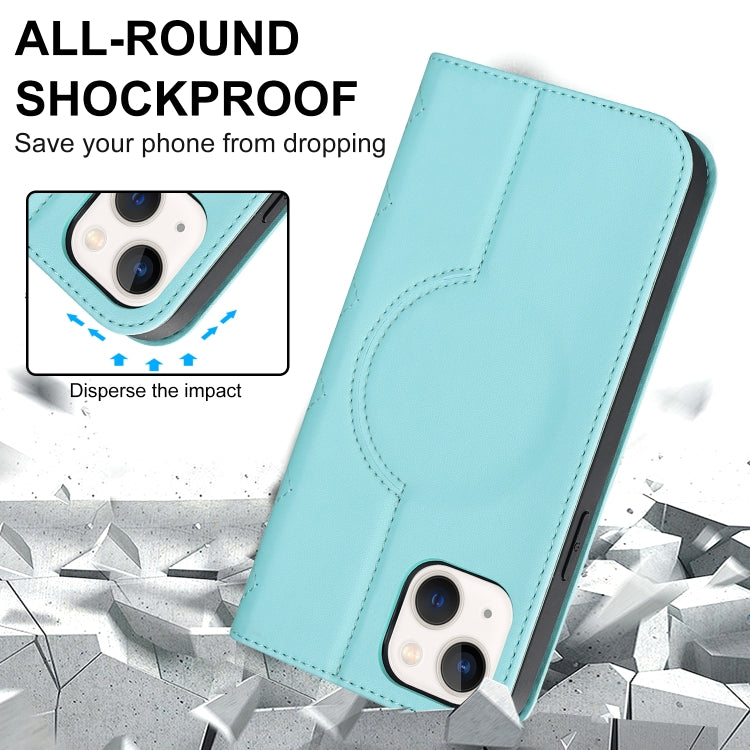 For iPhone 14 Rhombic MagSafe RFID Anti-Theft Wallet Leather Phone Case(Sky Blue) by bashfashion