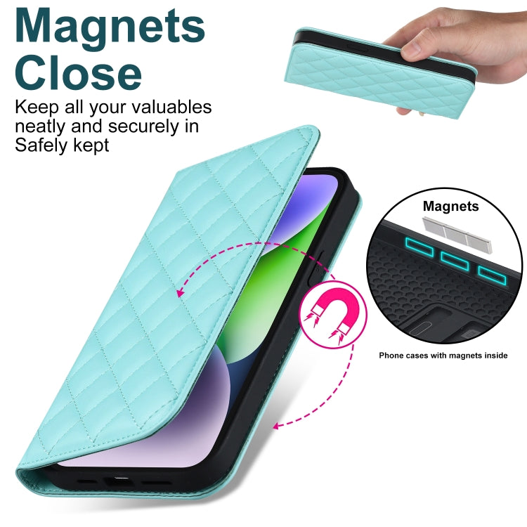 For iPhone 14 Rhombic MagSafe RFID Anti-Theft Wallet Leather Phone Case(Sky Blue) by bashfashion