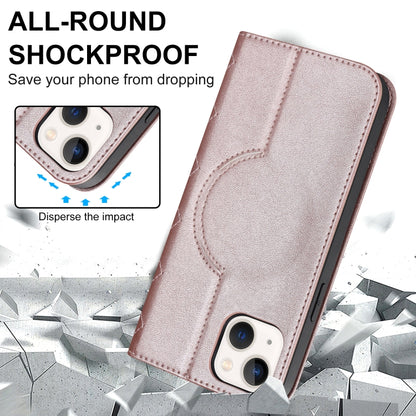 For iPhone 14 Rhombic MagSafe RFID Anti-Theft Wallet Leather Phone Case(Rose Gold) by bashfashion