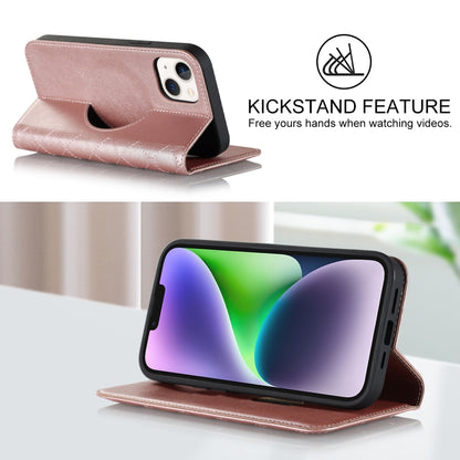 For iPhone 14 Rhombic MagSafe RFID Anti-Theft Wallet Leather Phone Case(Rose Gold) by bashfashion