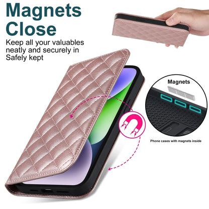 For iPhone 14 Rhombic MagSafe RFID Anti-Theft Wallet Leather Phone Case(Rose Gold) by bashfashion