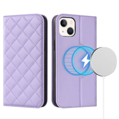 For iPhone 14 Rhombic MagSafe RFID Anti-Theft Wallet Leather Phone Case(Purple) by bashfashion