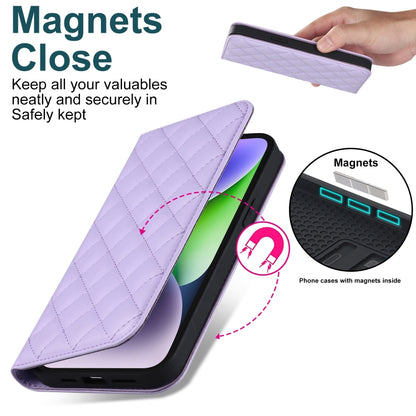 For iPhone 14 Rhombic MagSafe RFID Anti-Theft Wallet Leather Phone Case(Purple) by bashfashion