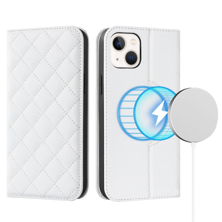 For iPhone 14 Plus Rhombic MagSafe RFID Anti-Theft Wallet Leather Phone Case(White) by bashfashion