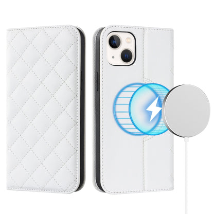 For iPhone 14 Plus Rhombic MagSafe RFID Anti-Theft Wallet Leather Phone Case(White) by bashfashion