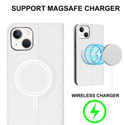 For iPhone 14 Plus Rhombic MagSafe RFID Anti-Theft Wallet Leather Phone Case(White) by bashfashion