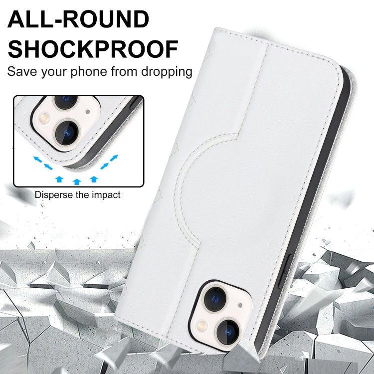 For iPhone 14 Plus Rhombic MagSafe RFID Anti-Theft Wallet Leather Phone Case(White) by bashfashion