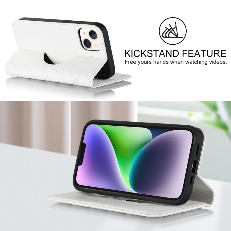 For iPhone 14 Plus Rhombic MagSafe RFID Anti-Theft Wallet Leather Phone Case(White) by bashfashion