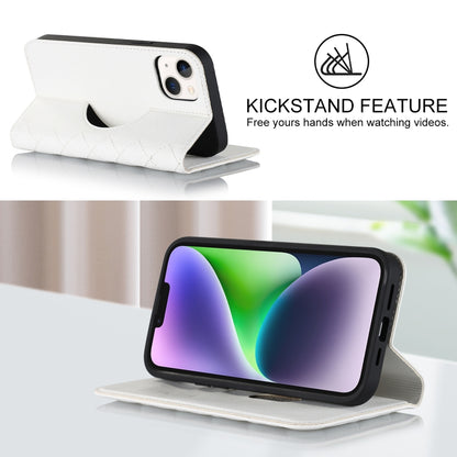 For iPhone 14 Plus Rhombic MagSafe RFID Anti-Theft Wallet Leather Phone Case(White) by bashfashion