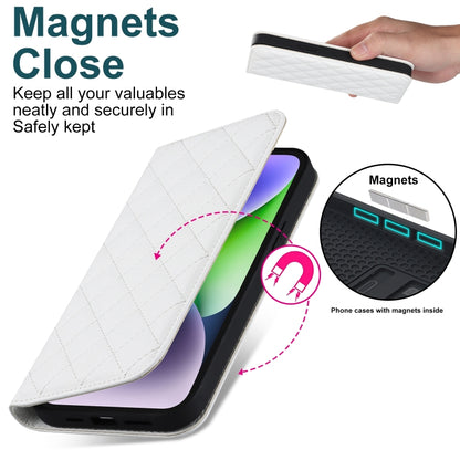 For iPhone 14 Plus Rhombic MagSafe RFID Anti-Theft Wallet Leather Phone Case(White) by bashfashion