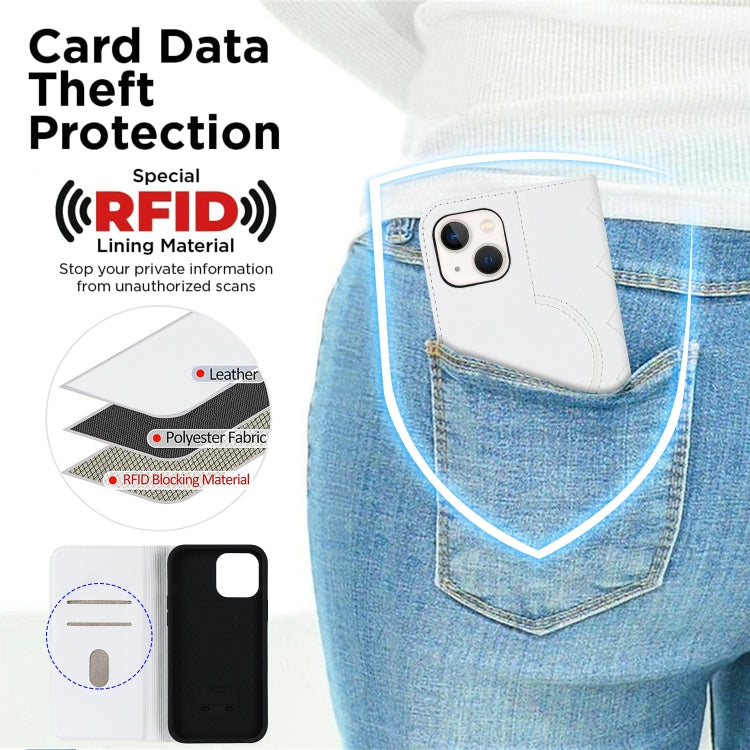 For iPhone 14 Plus Rhombic MagSafe RFID Anti-Theft Wallet Leather Phone Case(White) by bashfashion