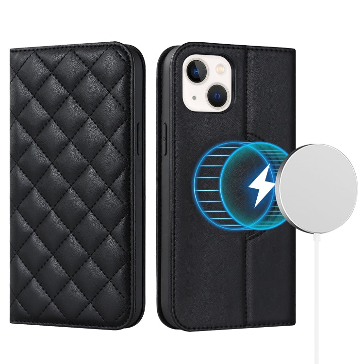 For iPhone 14 Plus Rhombic MagSafe RFID Anti-Theft Wallet Leather Phone Case(Black) by bashfashion