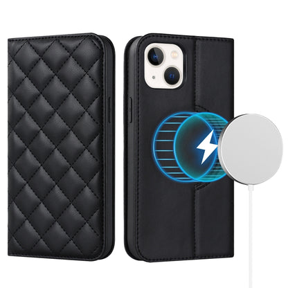 For iPhone 14 Plus Rhombic MagSafe RFID Anti-Theft Wallet Leather Phone Case(Black) by bashfashion