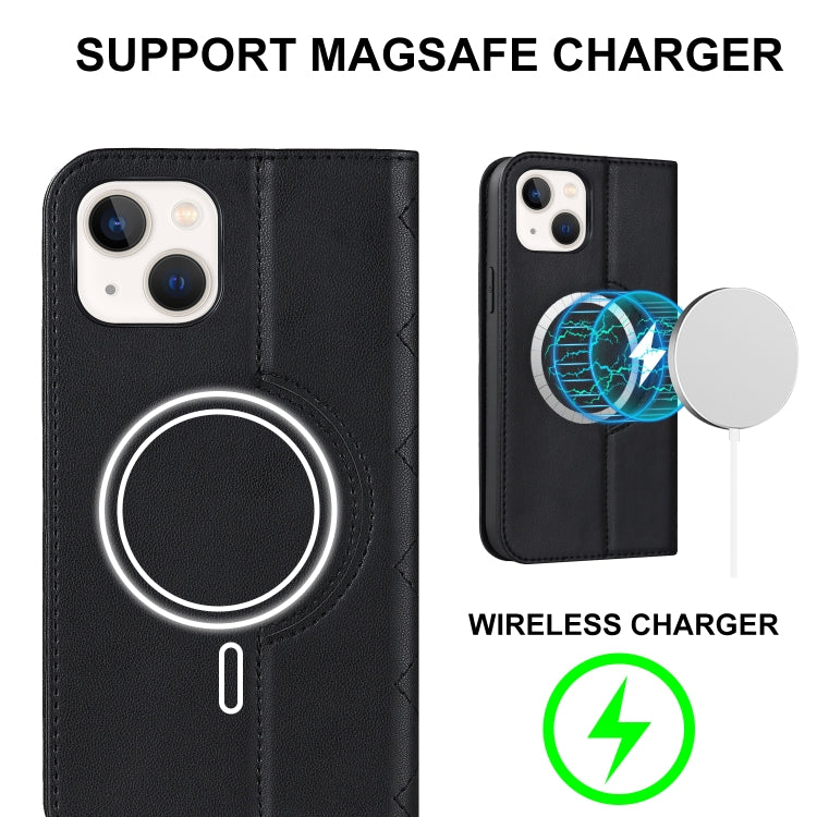For iPhone 14 Plus Rhombic MagSafe RFID Anti-Theft Wallet Leather Phone Case(Black) by bashfashion