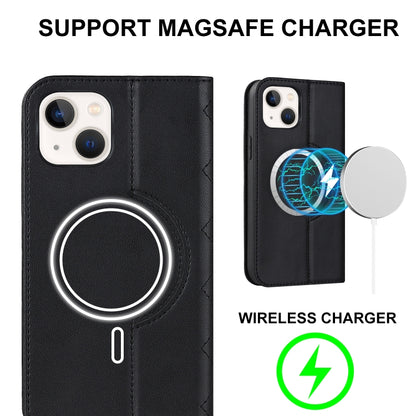 For iPhone 14 Plus Rhombic MagSafe RFID Anti-Theft Wallet Leather Phone Case(Black) by bashfashion