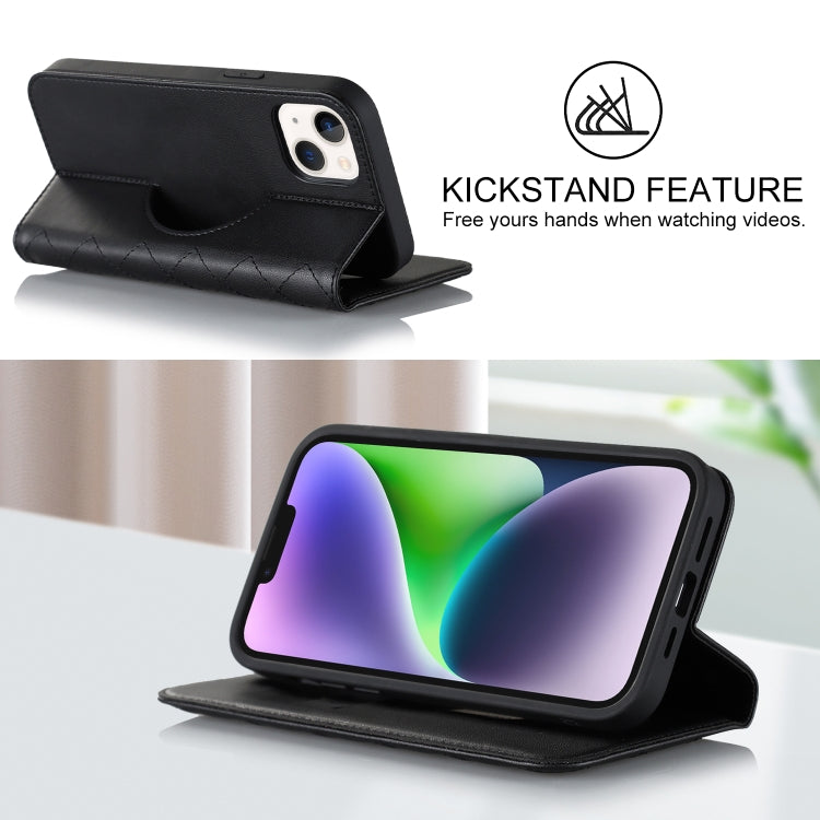 For iPhone 14 Plus Rhombic MagSafe RFID Anti-Theft Wallet Leather Phone Case(Black) by bashfashion