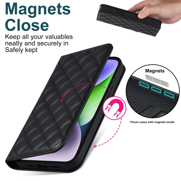 For iPhone 14 Plus Rhombic MagSafe RFID Anti-Theft Wallet Leather Phone Case(Black) by bashfashion