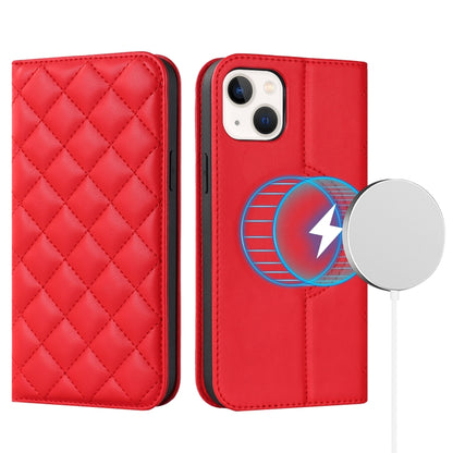 For iPhone 14 Plus Rhombic MagSafe RFID Anti-Theft Wallet Leather Phone Case(Red) by bashfashion