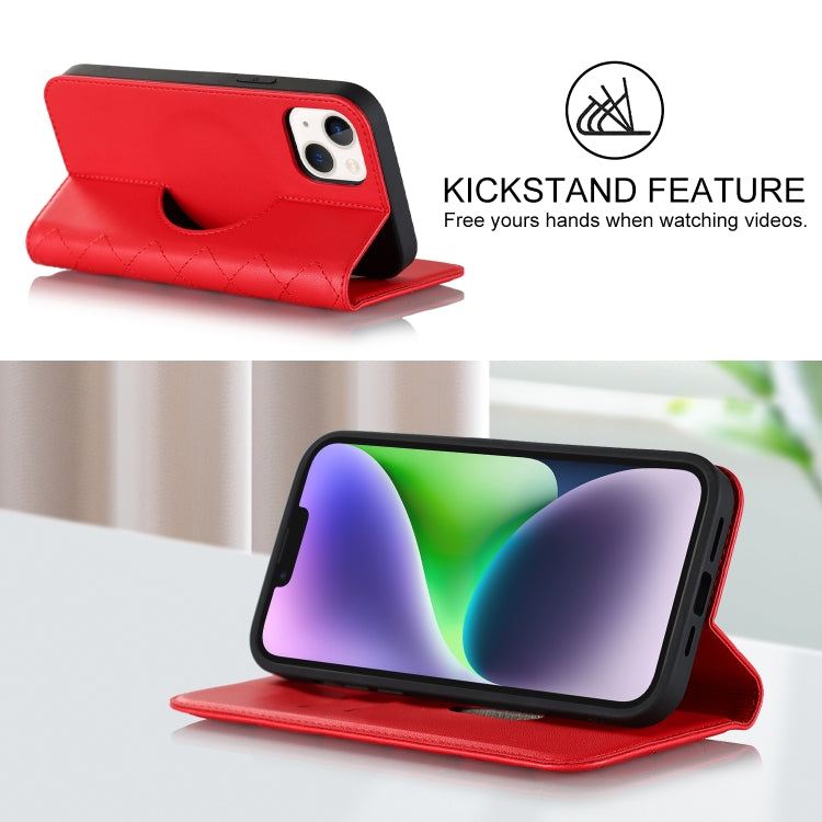 For iPhone 14 Plus Rhombic MagSafe RFID Anti-Theft Wallet Leather Phone Case(Red) by bashfashion