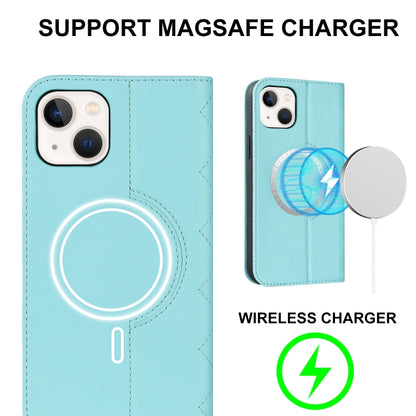 For iPhone 14 Plus Rhombic MagSafe RFID Anti-Theft Wallet Leather Phone Case(Sky Blue) by bashfashion