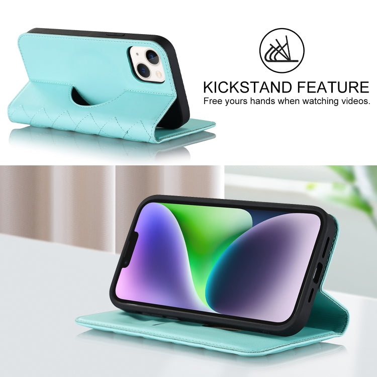 For iPhone 14 Plus Rhombic MagSafe RFID Anti-Theft Wallet Leather Phone Case(Sky Blue) by bashfashion