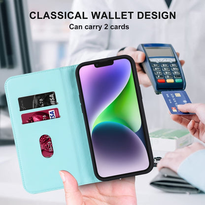 For iPhone 14 Plus Rhombic MagSafe RFID Anti-Theft Wallet Leather Phone Case(Sky Blue) by bashfashion