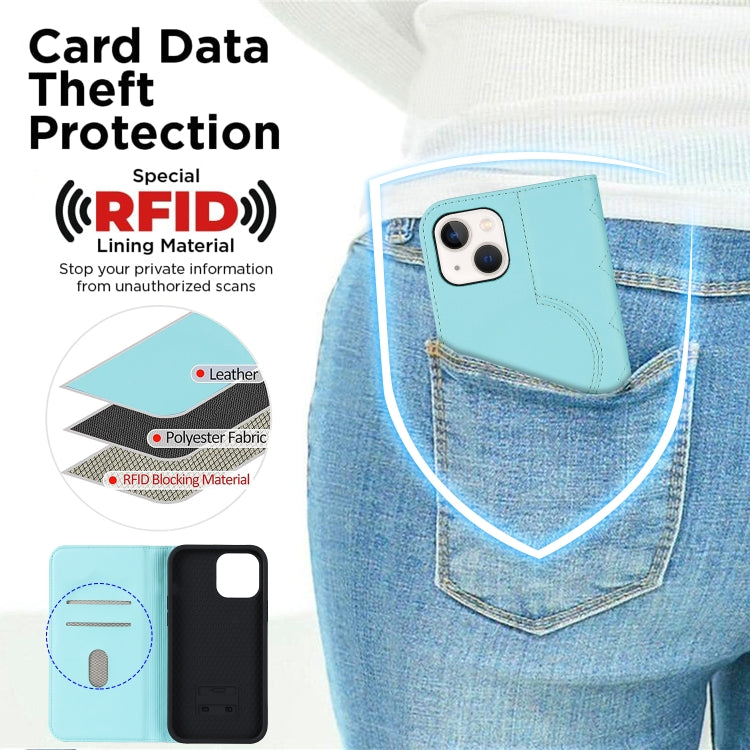 For iPhone 14 Plus Rhombic MagSafe RFID Anti-Theft Wallet Leather Phone Case(Sky Blue) by bashfashion