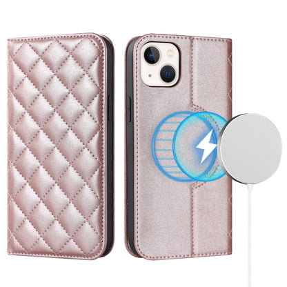 For iPhone 14 Plus Rhombic MagSafe RFID Anti-Theft Wallet Leather Phone Case(Rose Gold) by bashfashion