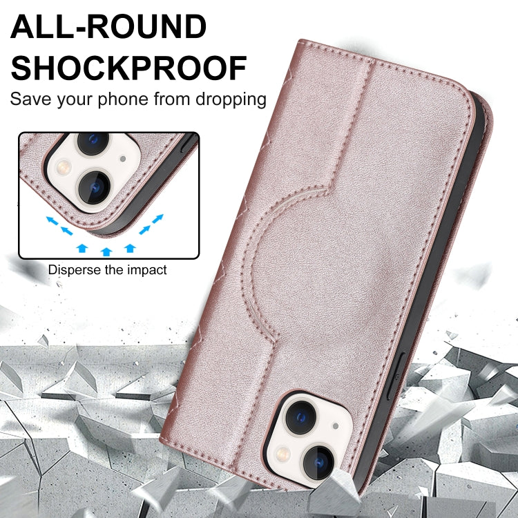 For iPhone 14 Plus Rhombic MagSafe RFID Anti-Theft Wallet Leather Phone Case(Rose Gold) by bashfashion