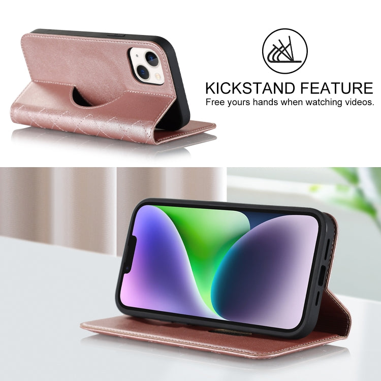 For iPhone 14 Plus Rhombic MagSafe RFID Anti-Theft Wallet Leather Phone Case(Rose Gold) by bashfashion