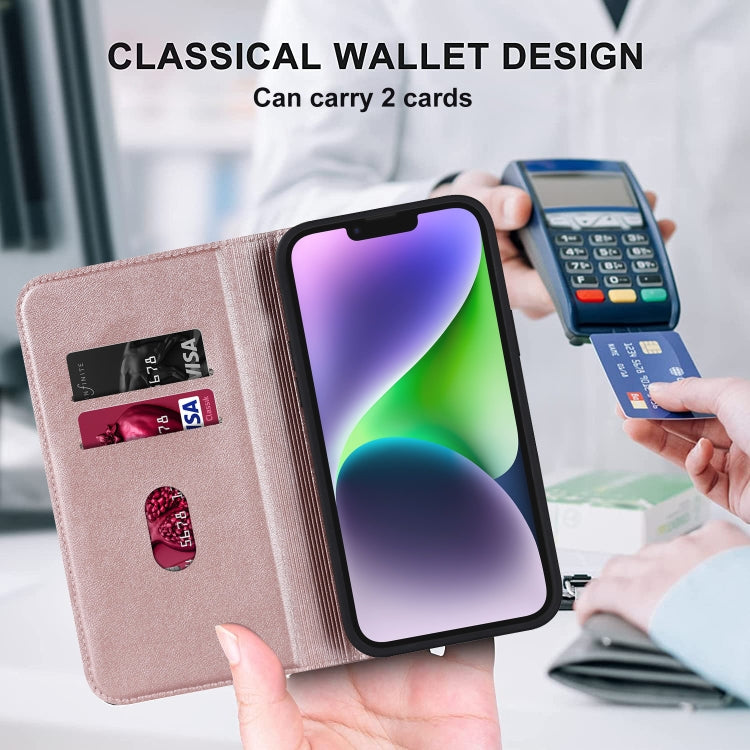 For iPhone 14 Plus Rhombic MagSafe RFID Anti-Theft Wallet Leather Phone Case(Rose Gold) by bashfashion