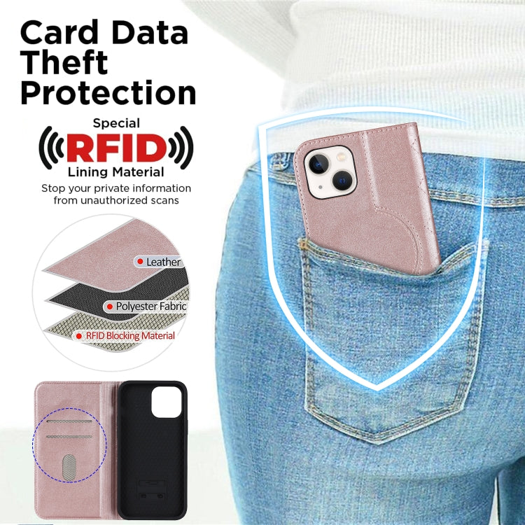 For iPhone 14 Plus Rhombic MagSafe RFID Anti-Theft Wallet Leather Phone Case(Rose Gold) by bashfashion