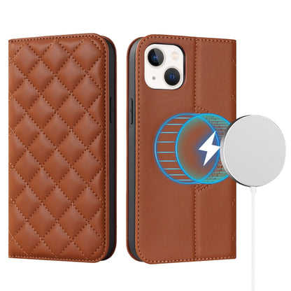 For iPhone 14 Plus Rhombic MagSafe RFID Anti-Theft Wallet Leather Phone Case(Brown) by bashfashion