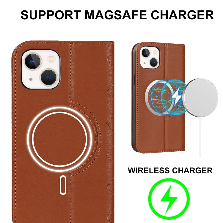 For iPhone 14 Plus Rhombic MagSafe RFID Anti-Theft Wallet Leather Phone Case(Brown) by bashfashion